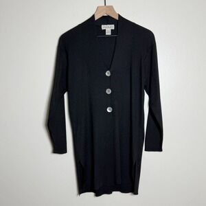 Kevo‎ VTG Silk Longline Cardigan Sweater M Black V-Neck Pearl Buttons Office